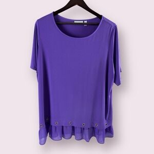Susan Graver Liquid Knit Top With Sheer Chiffon Hem Gold Grommets Purple Size 3X